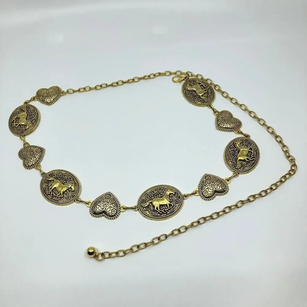Y2K Boho Gold Horse Heart Medallion Chain Belt, Fits 24–47 Inches, X7GA1175